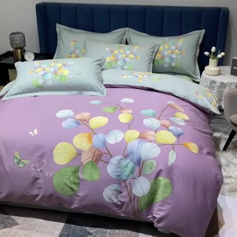 91家纺网 家纺一手货源 找家纺 金爱家 新款大版13372全棉花卉系列四件套琼枝玉叶-紫