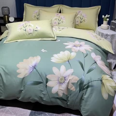 91家纺网 家纺一手货源 找家纺 金爱家 2023新款大版13372全棉花卉系列四件套薇曼-绿