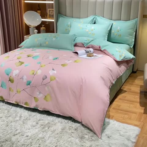 91家纺网 家纺一手货源 找家纺 金爱家2023新款大版13372全棉花卉系列四件套叶灵歌-粉