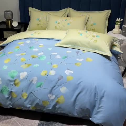 91家纺网 家纺一手货源 找家纺 金爱家2023新款大版13372全棉花卉系列四件套叶灵歌-蓝