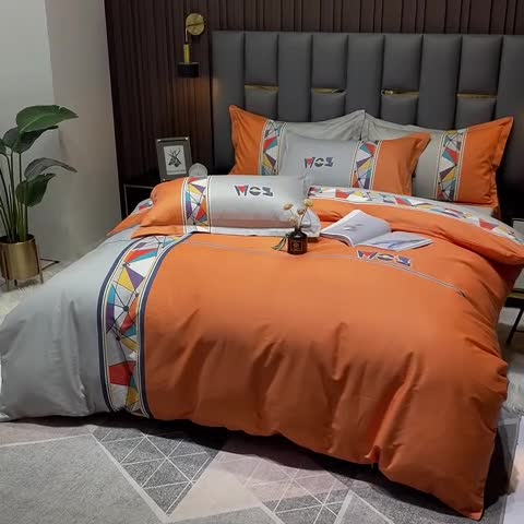 91家纺网 家纺一手货源 找家纺 金爱家 2023新款全棉13372简约条格四件套安雅桔