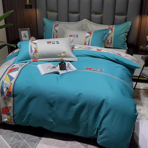 91家纺网 家纺一手货源 找家纺 金爱家 2023新款全棉13372简约条格四件套安雅蓝