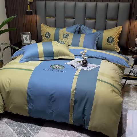 91家纺网 家纺一手货源 找家纺 金爱家 2023新款全棉13372简约条格四件套洛可可蓝