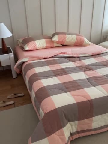 91家纺网 家纺一手货源 找家纺 寐眠2022全棉色织水洗棉夏被子被芯夏凉被四件套-羽丝棉 粉大格