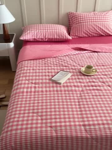 91家纺网 家纺一手货源 找家纺 寐眠2022全棉色织水洗棉夏被子被芯夏凉被四件套-羽丝棉 红小格