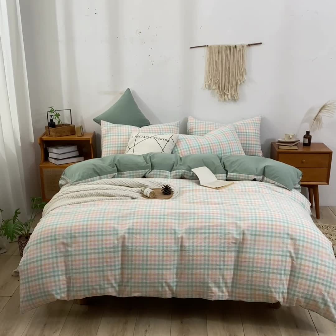 91家纺网 家纺一手货源 找家纺 ab家纺 2022新款全棉水洗棉四件套 冰淇凌绿