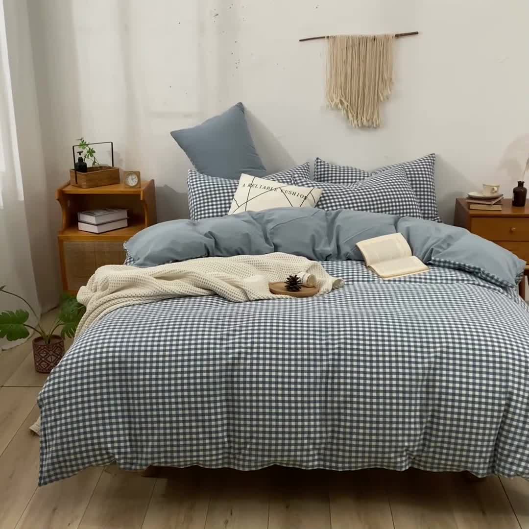91家纺网 家纺一手货源 找家纺 ab家纺 2022新款全棉水洗棉四件套 蓝小格