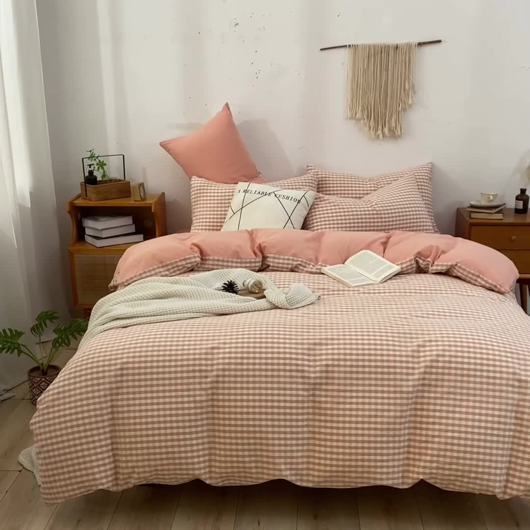 91家纺网 家纺一手货源 找家纺 ab家纺 2022新款全棉水洗棉四件套 蜜粉格