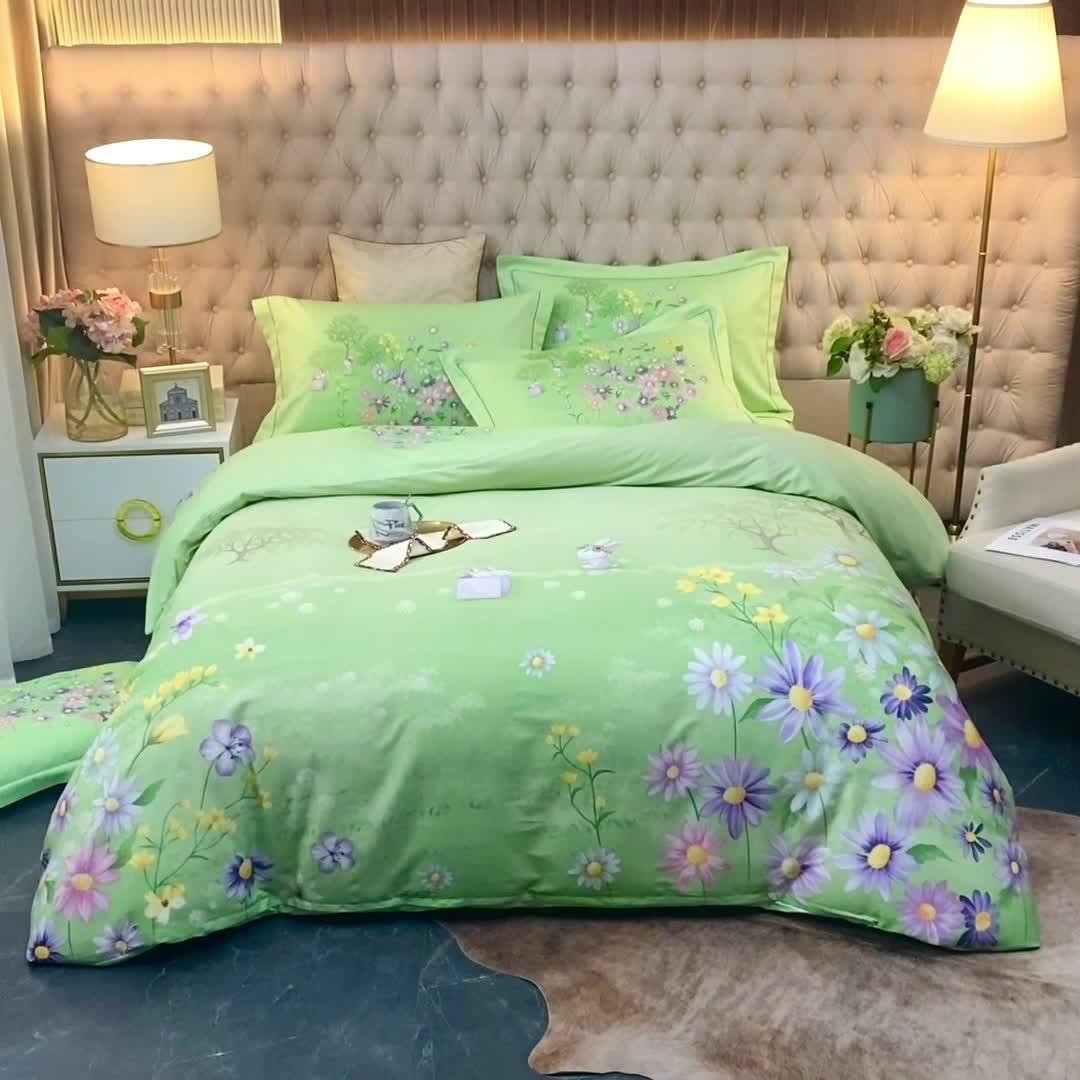 91家纺网 家纺一手货源 找家纺 金纱玉纺 2022新款全棉大版印花13372四件套 游园