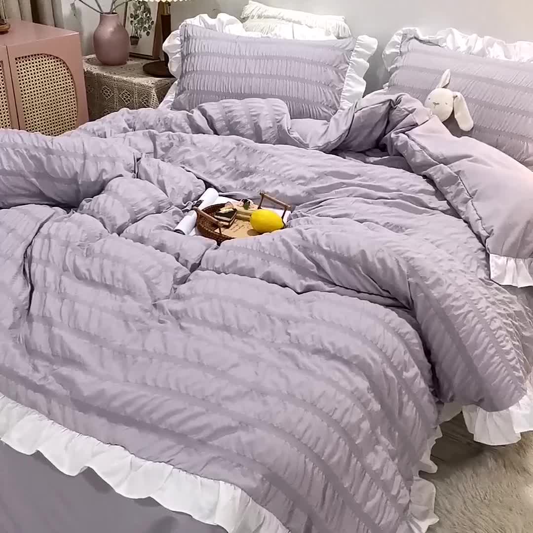 91家纺网 家纺一手货源 找家纺 慕澄 2022新款公主风泡泡纱花边四件套 优雅紫