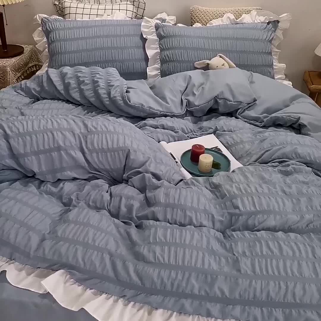 91家纺网 家纺一手货源 找家纺 慕澄 2022新款公主风泡泡纱花边四件套 宁静蓝