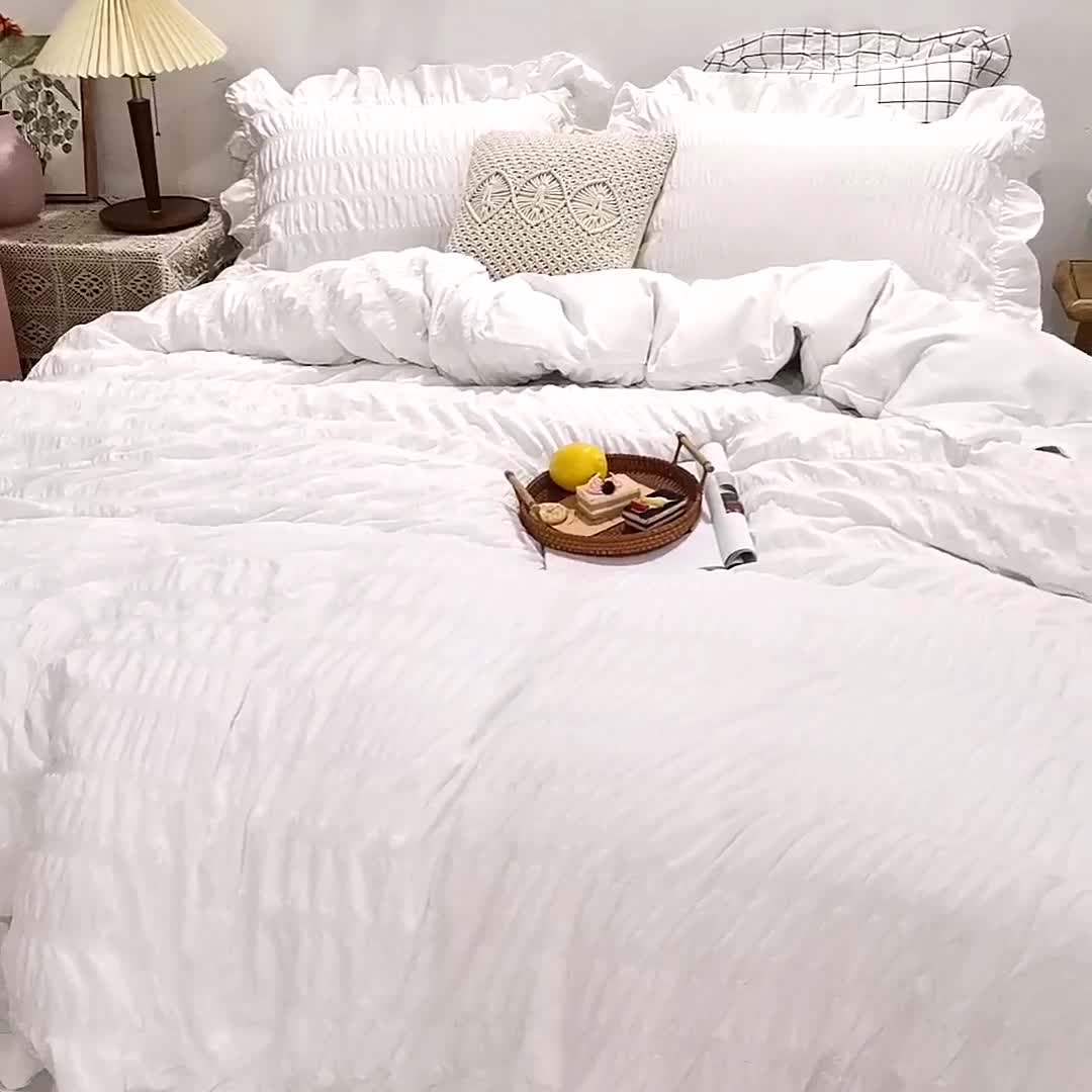 91家纺网 家纺一手货源 找家纺 慕澄 2022新款公主风泡泡纱花边四件套 梨花白