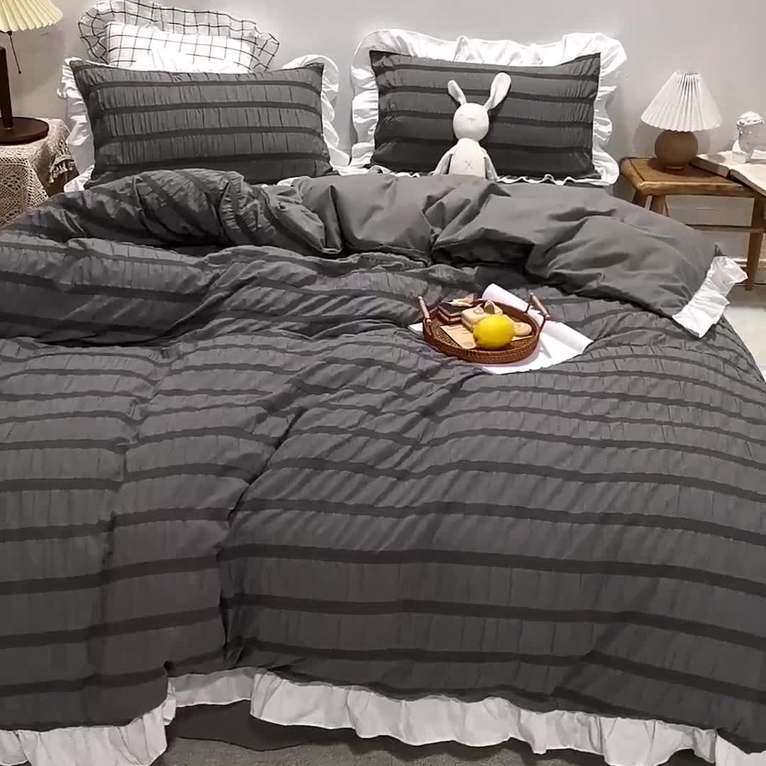 91家纺网 家纺一手货源 找家纺 慕澄 2022新款公主风泡泡纱花边四件套 极致灰