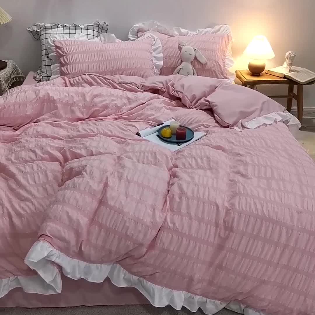 91家纺网 家纺一手货源 找家纺 慕澄 2022新款公主风泡泡纱花边四件套 公主粉