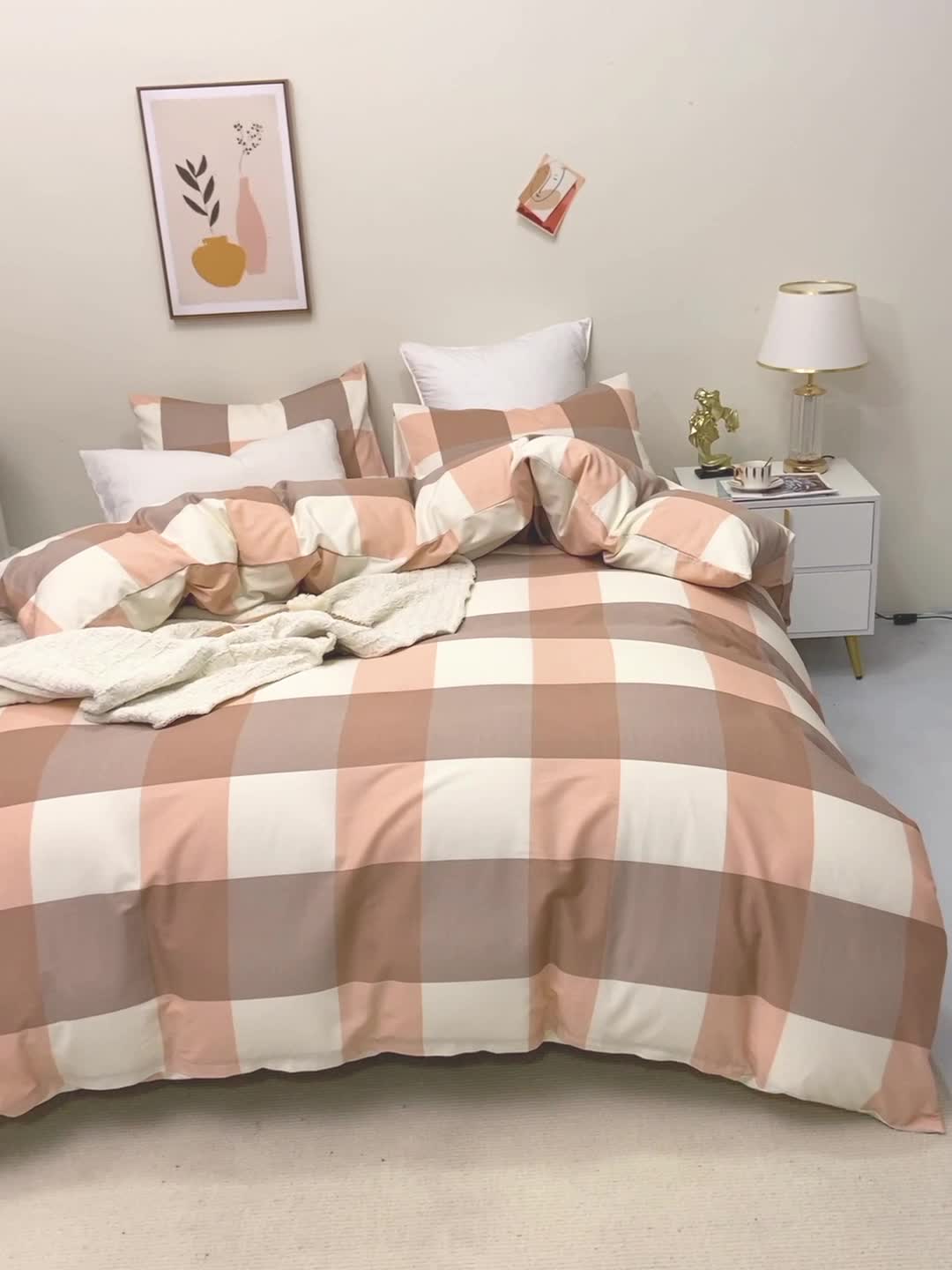 91家纺网 家纺一手货源 找家纺 柠萌 2022新款全棉13372无印良品风格北欧风四件套 萌玉大格