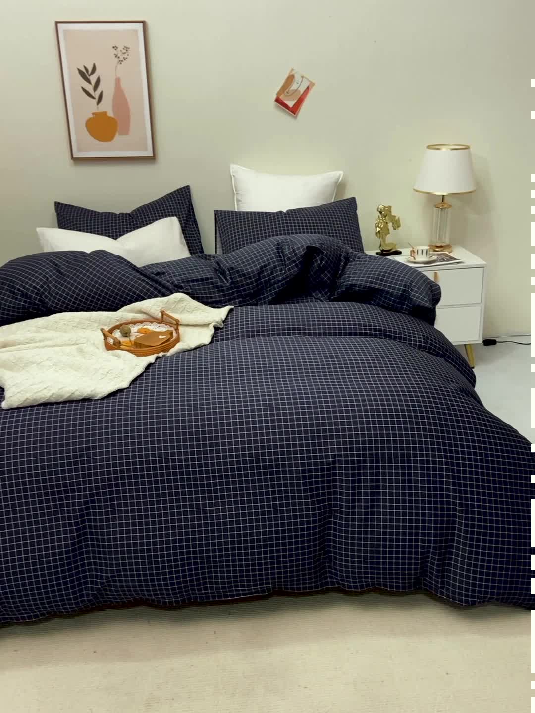 91家纺网 家纺一手货源 找家纺 柠萌 2022新款全棉13372无印良品风格北欧风四件套 萌小灰格