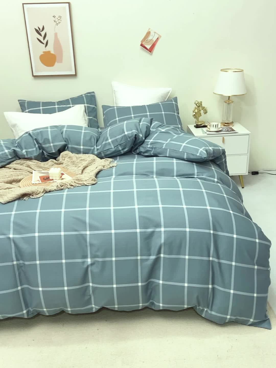 91家纺网 家纺一手货源 找家纺 柠萌 2022新款全棉13372无印良品风格北欧风四件套 萌浅蓝大格