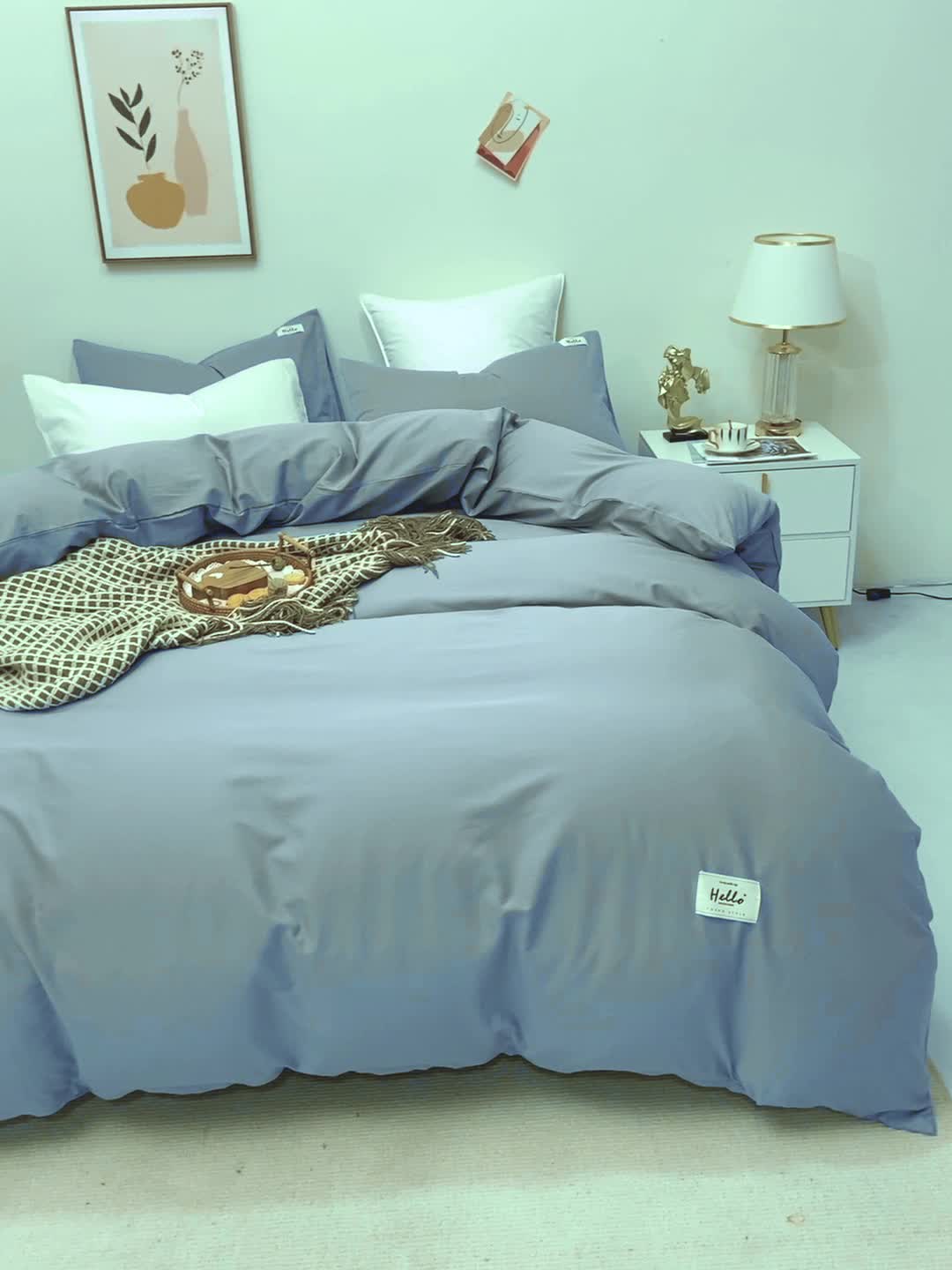 91家纺网 家纺一手货源 找家纺 柠萌 2022新款全棉13372无印良品风格北欧风四件套 萌浅蓝