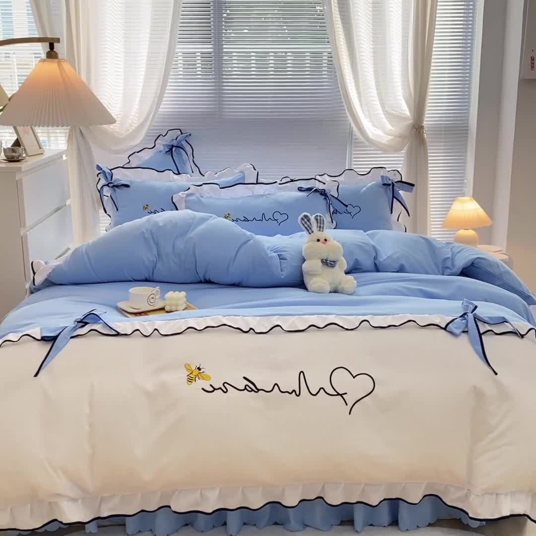 91家纺网 家纺一手货源 找家纺 慕语家纺 2023新款亲肤磨毛高支高密四件套-小幸运 天蓝