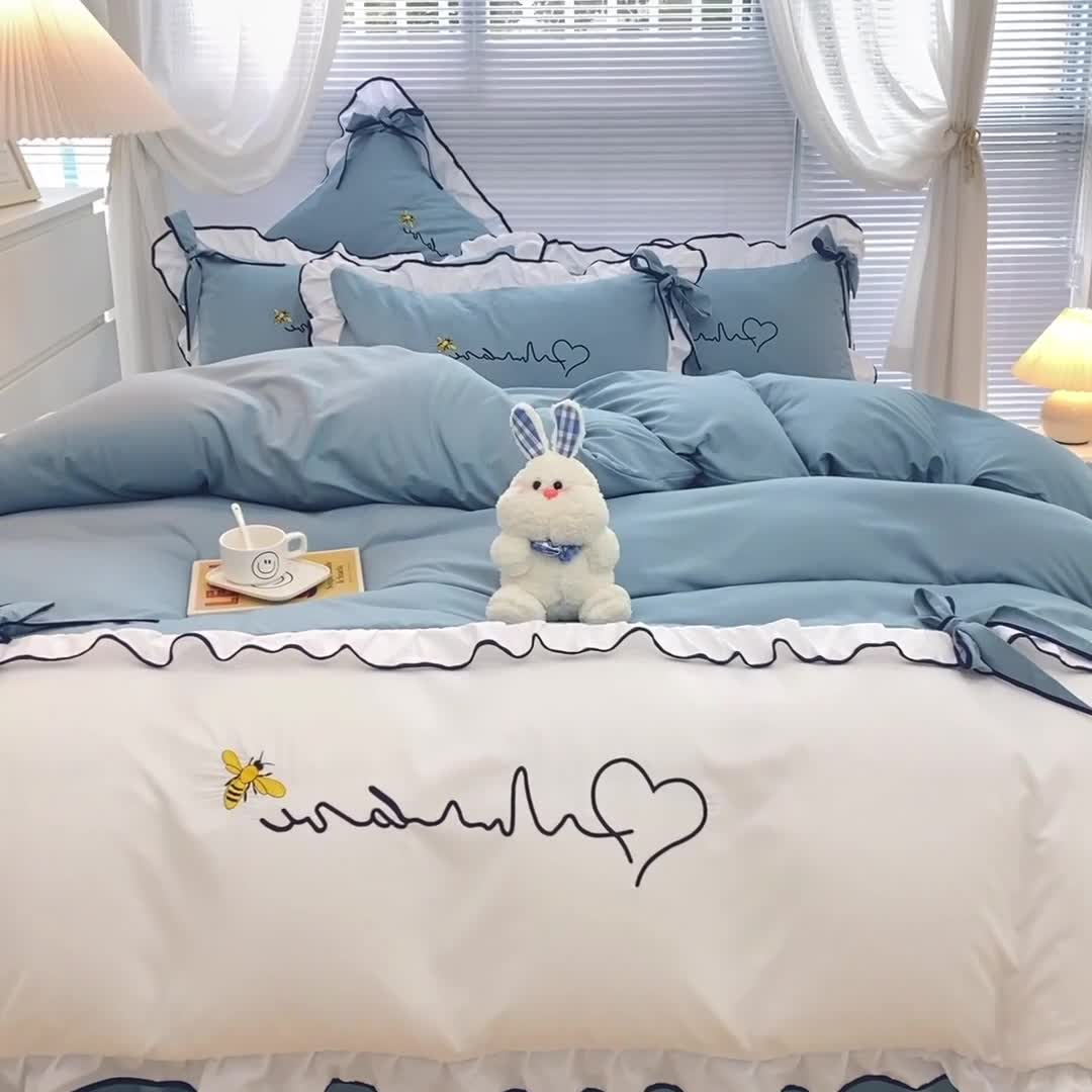 91家纺网 家纺一手货源 找家纺 慕语家纺 2023新款亲肤磨毛高支高密四件套-小幸运 蓝灰