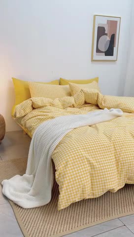 91家纺网 家纺一手货源 找家纺 棉邦 2022新款全棉色织水洗棉四件套 黄小格