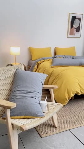 91家纺网 家纺一手货源 找家纺 棉邦 2022新款全棉色织水洗棉四件套 姜黄+浅灰