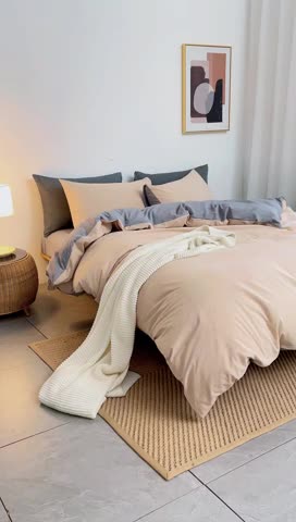 91家纺网 家纺一手货源 找家纺 棉邦 2022新款全棉色织水洗棉四件套 卡其+浅灰