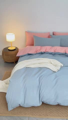 91家纺网 家纺一手货源 找家纺 棉邦 2022新款全棉色织水洗棉四件套 浅蓝+浅粉