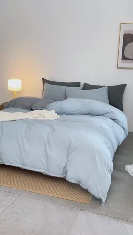 91家纺网 家纺一手货源 找家纺 棉邦 2022新款全棉色织水洗棉四件套 浅蓝+浅灰