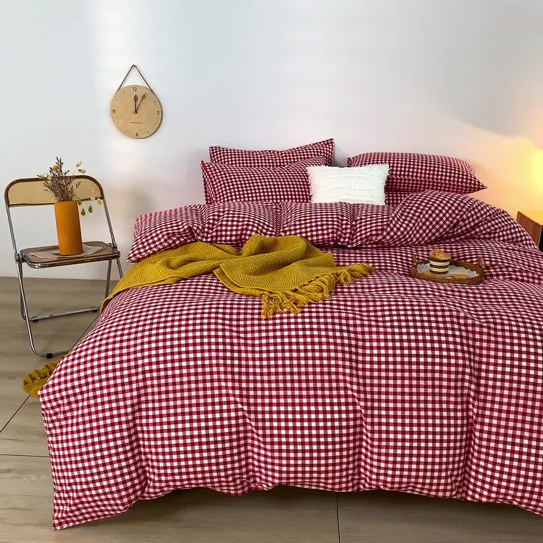 91家纺网 家纺一手货源 找家纺 柠萌家居 2022年新款无印良品全棉色织水洗棉四件套 红小格