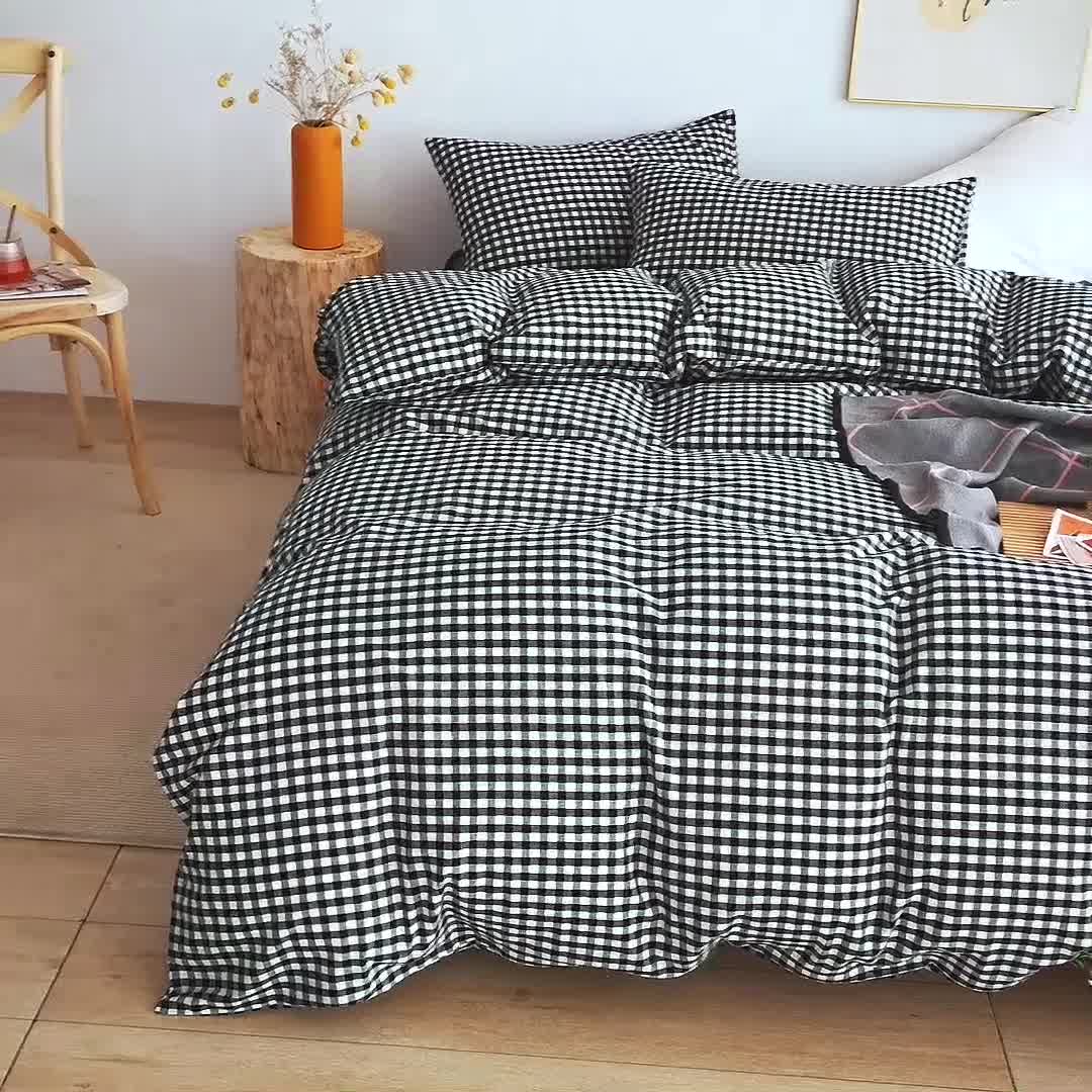 91家纺网 家纺一手货源 找家纺 柠萌家居 2022新款无印良品全棉色织水洗棉四件套 黑白小格
