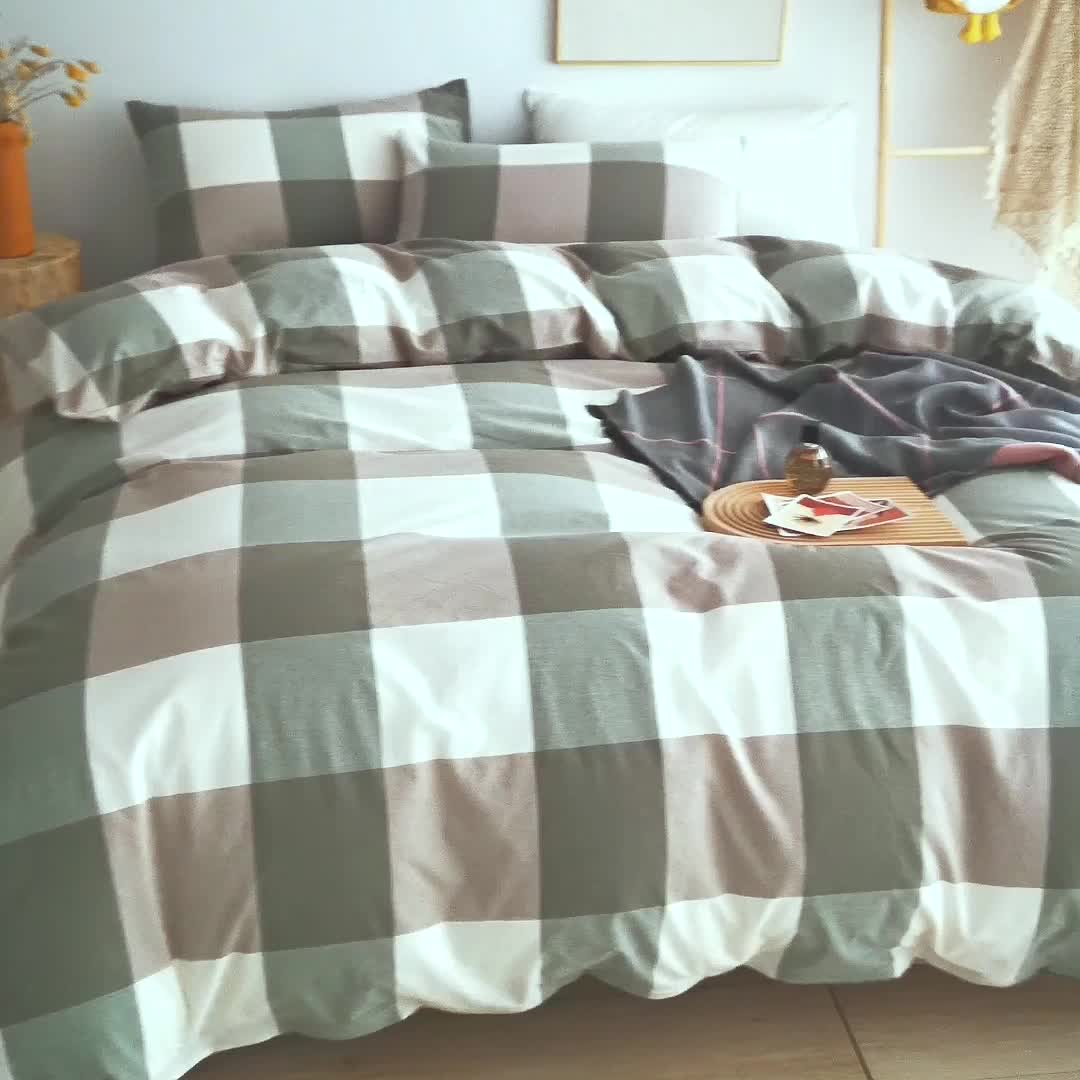 91家纺网 家纺一手货源 找家纺 柠萌家居 2022新款无印良品全棉色织水洗棉四件套 绿灰大格