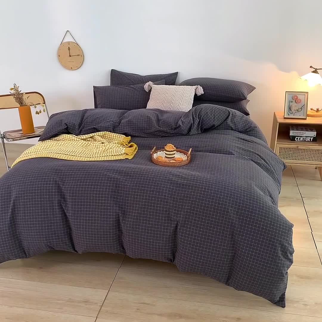 91家纺网 家纺一手货源 找家纺 柠萌家居 2022年新款无印良品全棉色织水洗棉四件套 小灰格