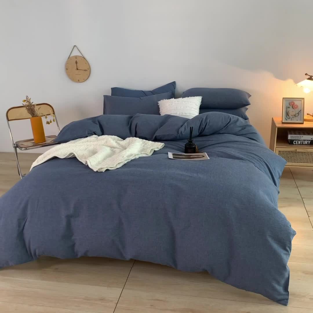 91家纺网 家纺一手货源 找家纺 柠萌家居 2022新款无印良品全棉色织水洗棉四件套 牛仔蓝