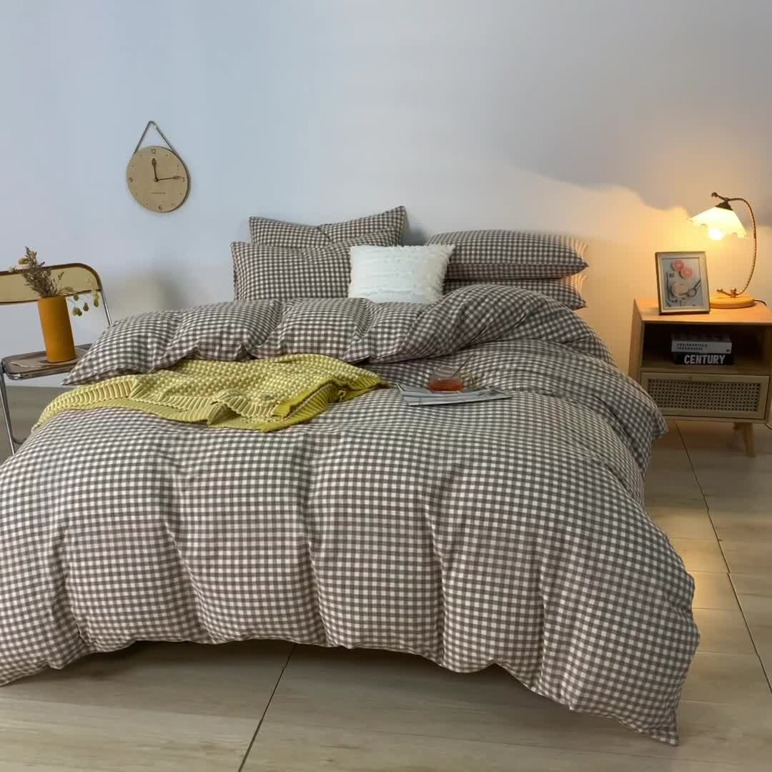 91家纺网 家纺一手货源 找家纺 柠萌家居 2022年新款无印良品全棉色织水洗棉四件套 米小格