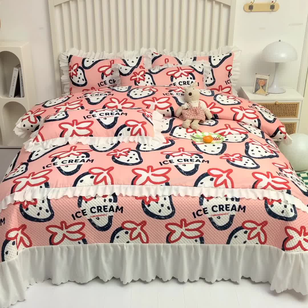 91家纺网 家纺一手货源 找家纺 梦之岛 2022新款床盖韩版磨毛四件套 草莓爱恋