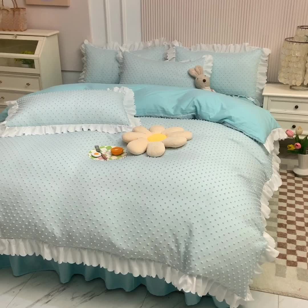 91家纺网 家纺一手货源 找家纺 梦之岛 2022新款豆豆公主韩版磨毛四件套 豆豆公主-水蓝