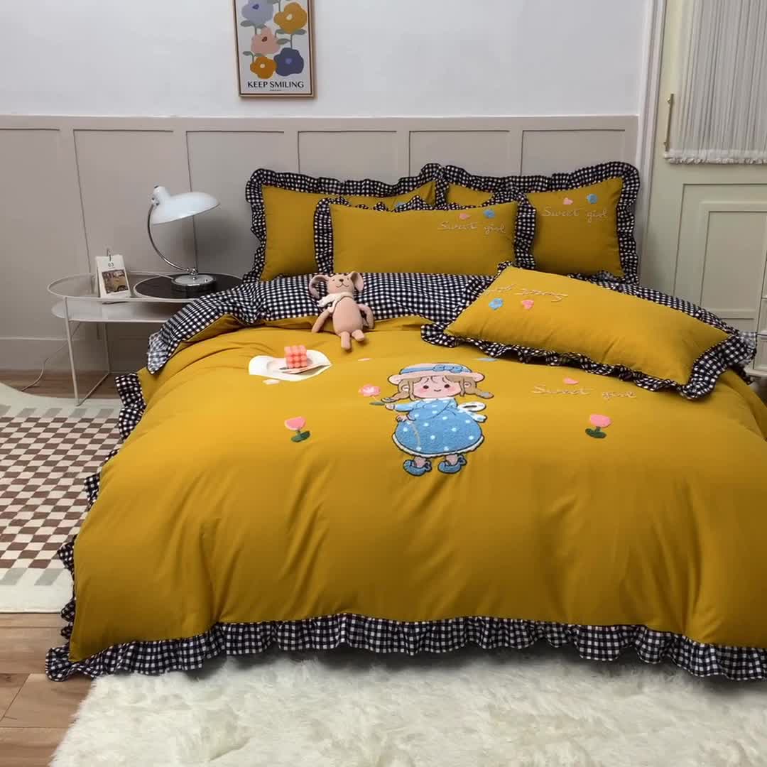 91家纺网 家纺一手货源 找家纺 梦之岛 2022新款甜心女孩韩版磨毛四件套 甜心女孩-姜黄