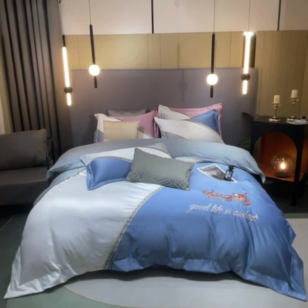 91家纺网 家纺一手货源 找家纺 宅家居2024新款轻奢拼色60支贡缎臻丝刺绣皇家骑士-宾利蓝