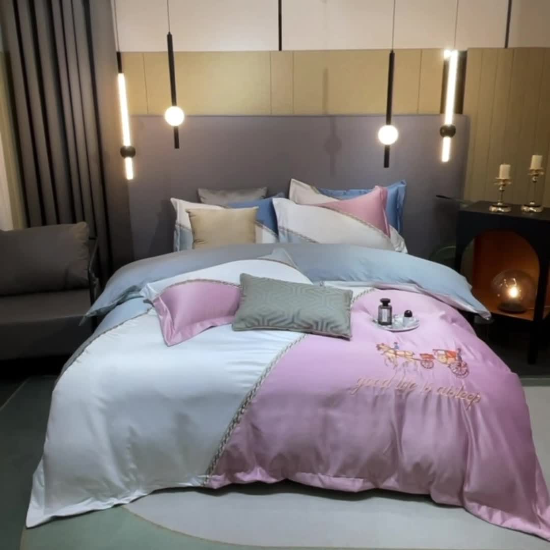 91家纺网 家纺一手货源 找家纺 宅家居2024新款轻奢拼色60支贡缎臻丝刺绣皇家骑士-豆沙