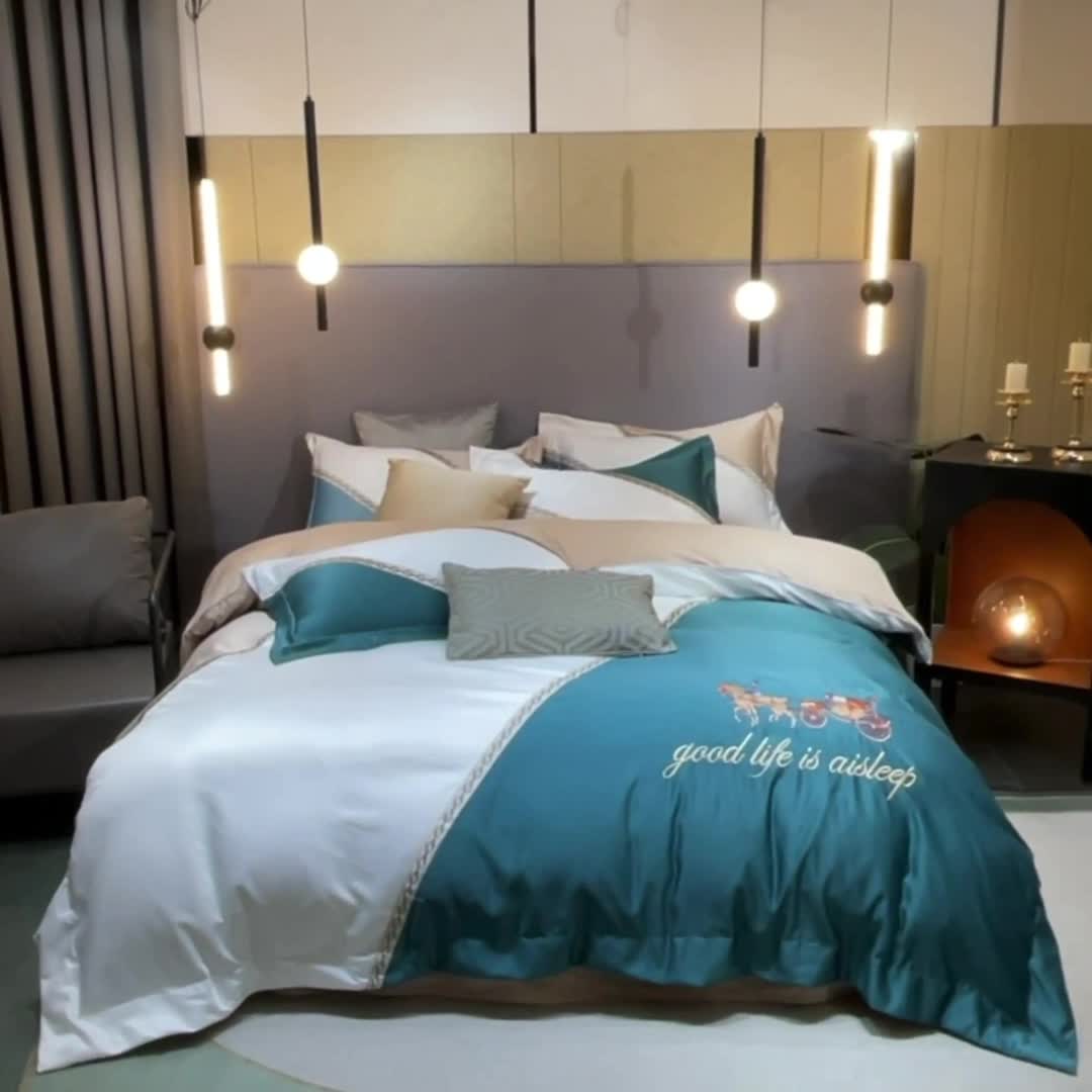 91家纺网 家纺一手货源 找家纺 宅家居2024新款轻奢拼色60支贡缎臻丝刺绣皇家骑士-墨绿