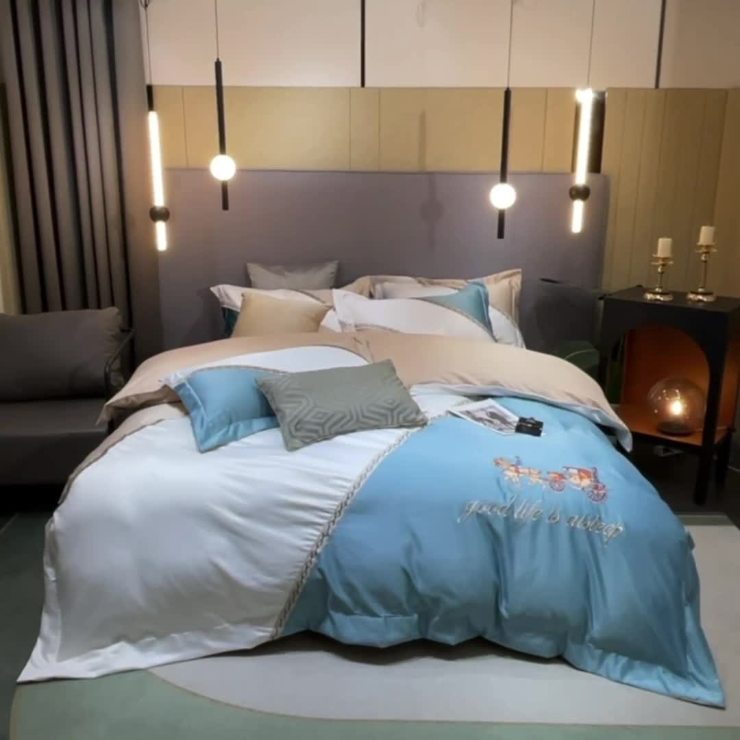 91家纺网 家纺一手货源 找家纺 宅家居2024新款轻奢拼色60支贡缎臻丝刺绣皇家骑士-青绿