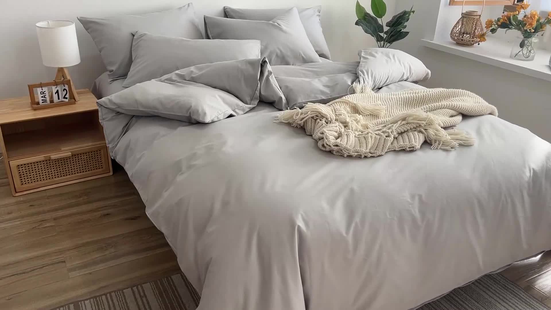 91家纺网 家纺一手货源 找家纺 极梦新款40支喷气全棉纯色四件套 浅灰