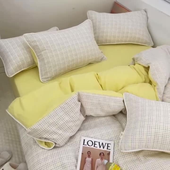 91家纺网 家纺一手货源 找家纺 玛奇朵2022色织提花水洗棉四件套-彩格系列 棚拍图 彩格 黄