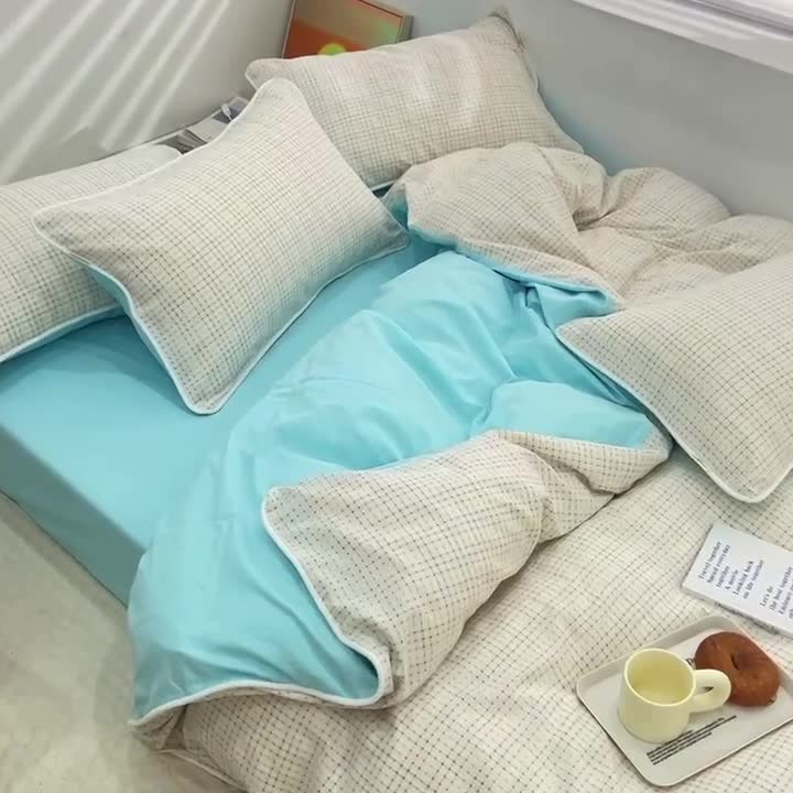 91家纺网 家纺一手货源 找家纺 玛奇朵2022色织提花水洗棉四件套-彩格系列 棚拍图 彩格 蓝