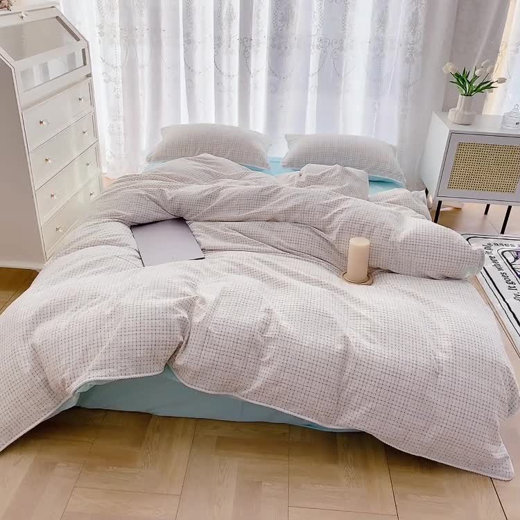 91家纺网 家纺一手货源 找家纺 玛奇朵 2022全棉提花水洗棉四件套-彩格系列 实拍图 彩格-蓝