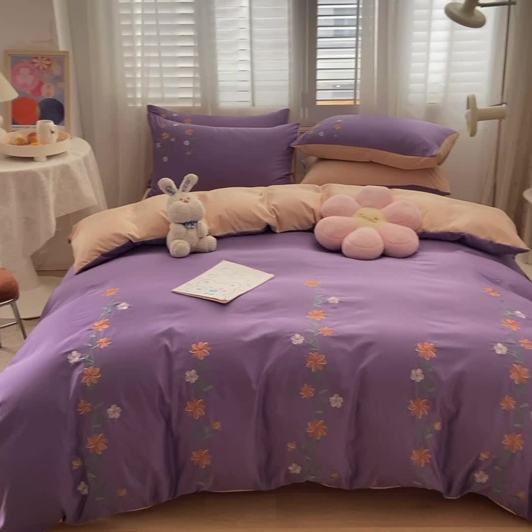 91家纺网 家纺一手货源 找家纺 眠帛 2022新款柔丝棉绣花四件套 花恋优雅紫