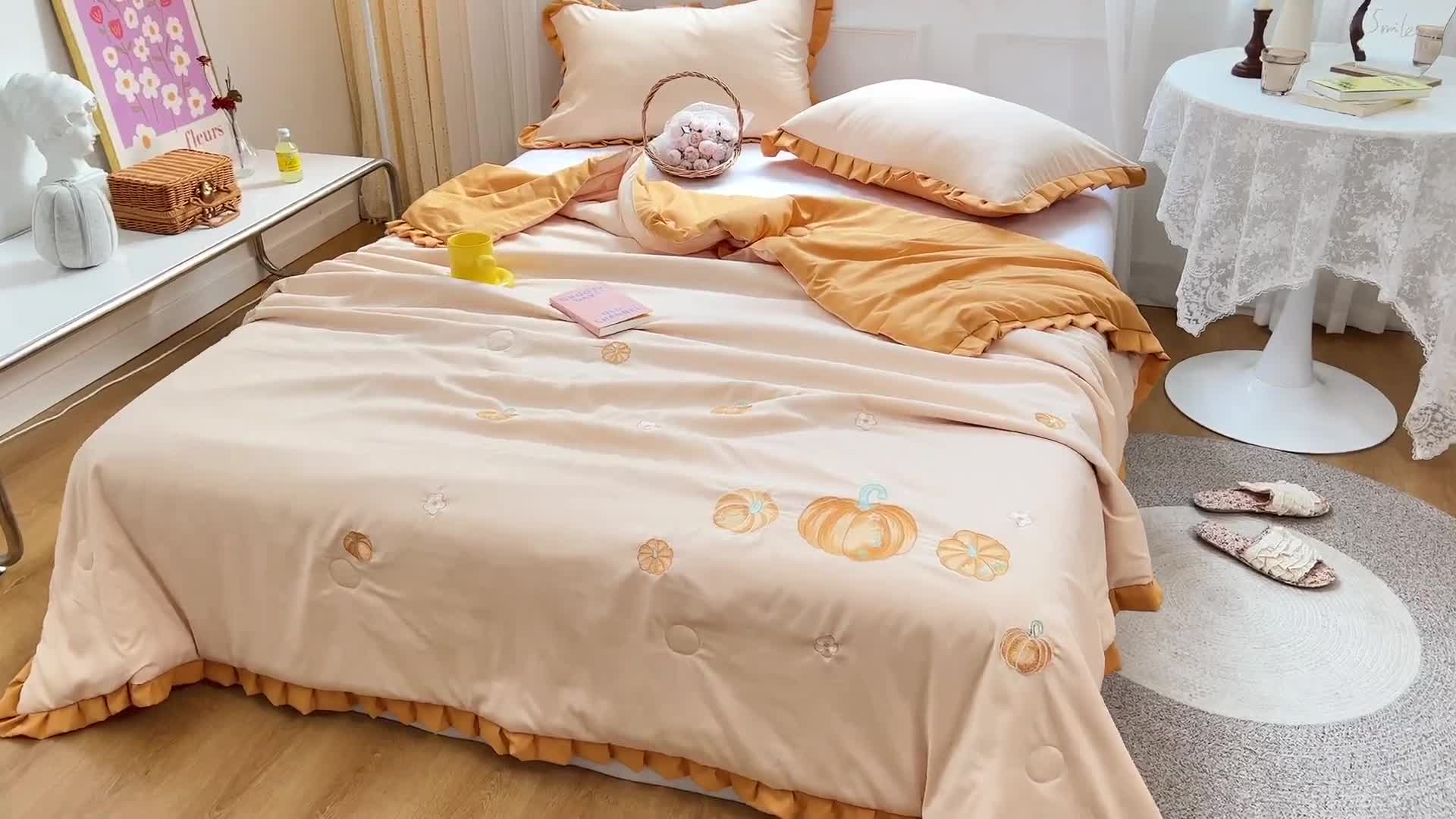 91家纺网 家纺一手货源 找家纺 2024兄弟坊天竺棉刺绣大豆棉夏被夏凉被 辛巴-橘色