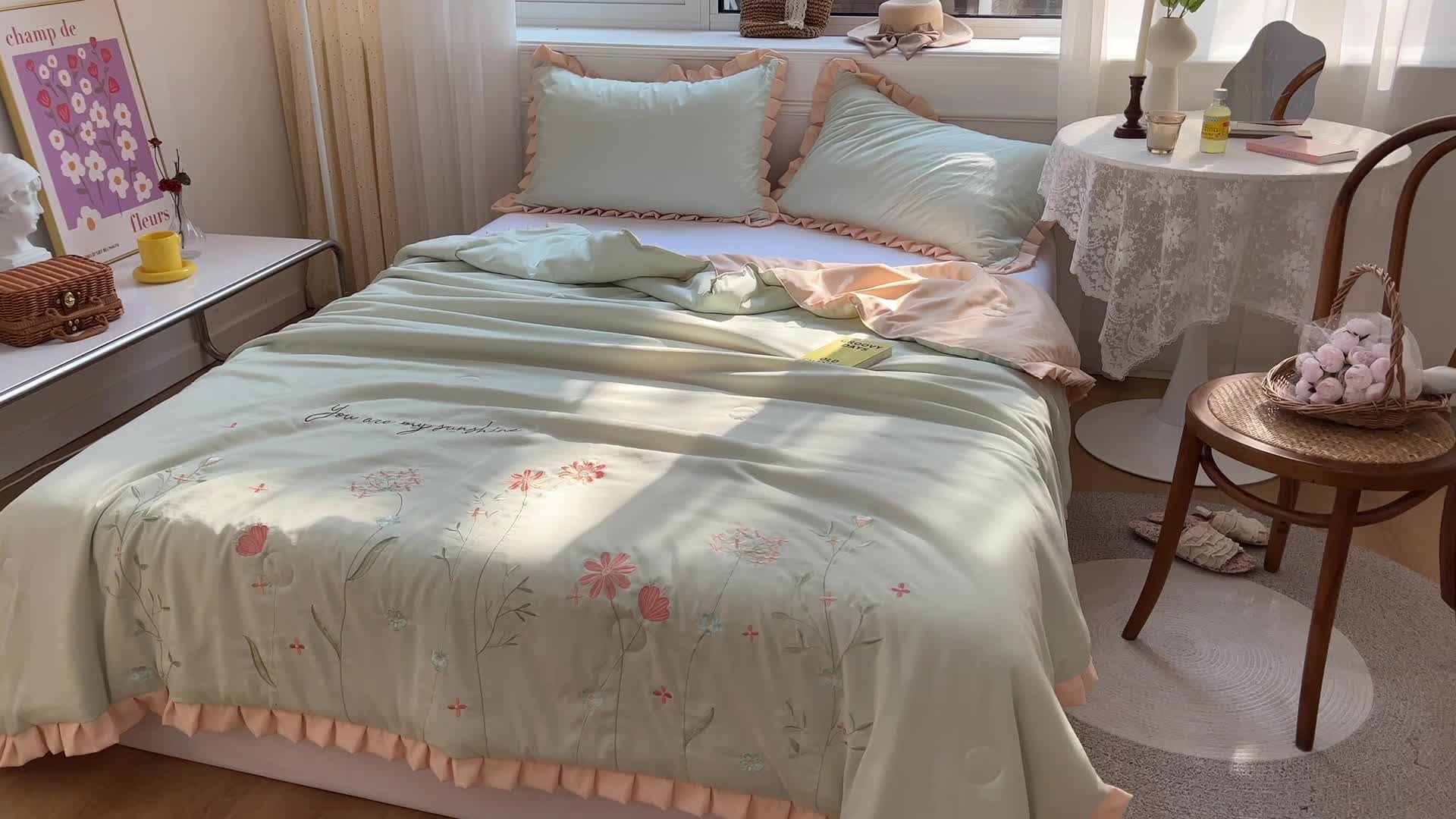 91家纺网 家纺一手货源 找家纺 2024兄弟坊天竺棉刺绣大豆棉夏被夏凉被 梦语-湖绿