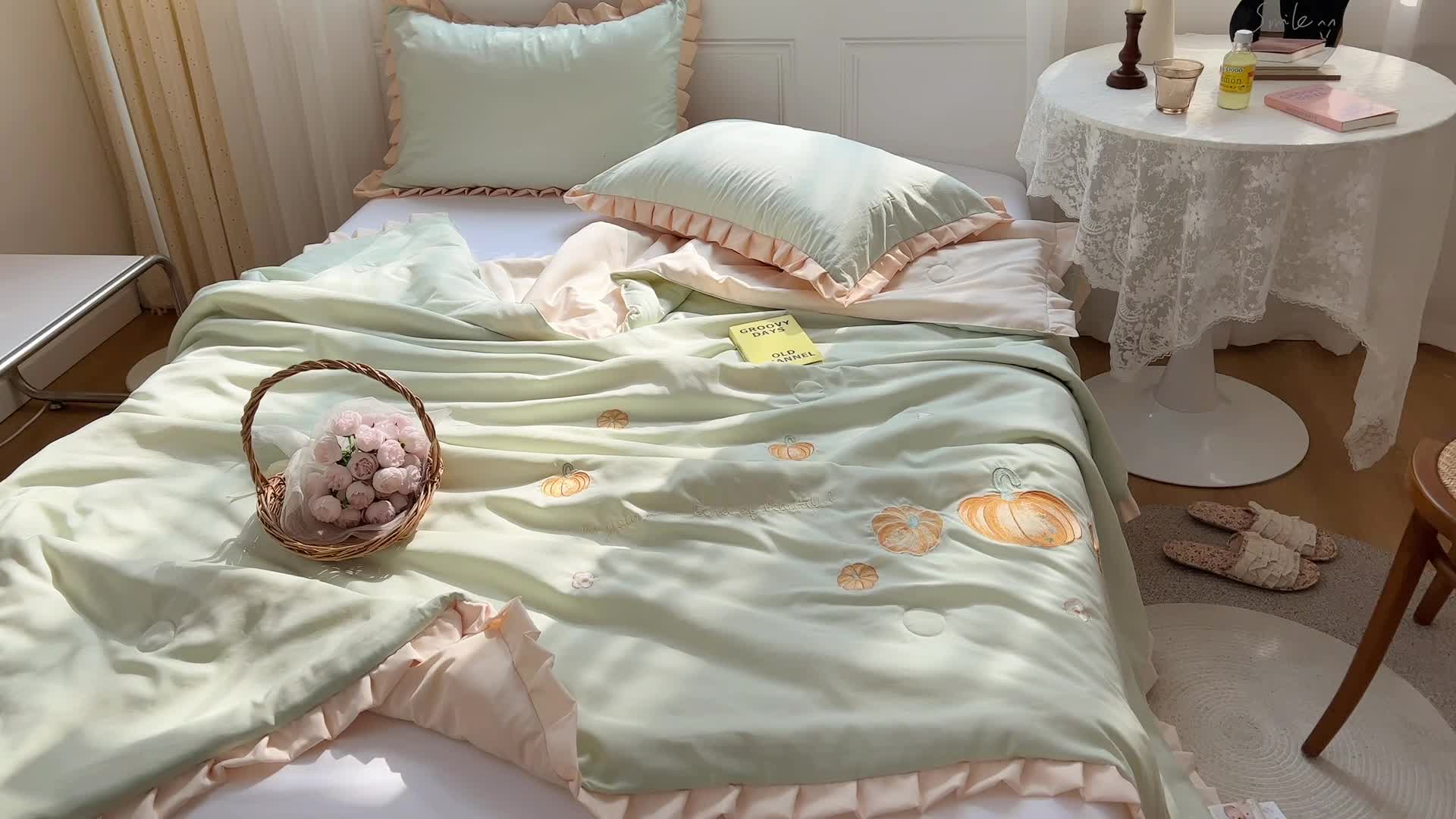 91家纺网 家纺一手货源 找家纺 2024兄弟坊天竺棉刺绣大豆棉夏被夏凉被 南瓜-橘色